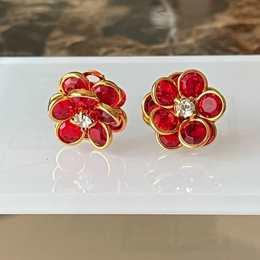 Vintage Red Crystal Rivière Layered Blooming Flower Goldtone Post Stud Earrings